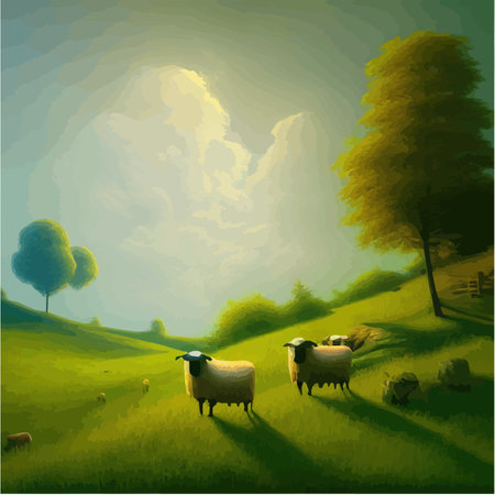 Flock sheep grazes on green meadow against background trees, countryside summer landscape, vector illustrationのイラスト素材