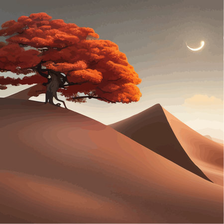 Landscape background. Autumn orange big crooked tree on hill alonePlant Art design for print, cover, wallpaper, Minimal and natural, fantasy wildlife vector illustrationのイラスト素材
