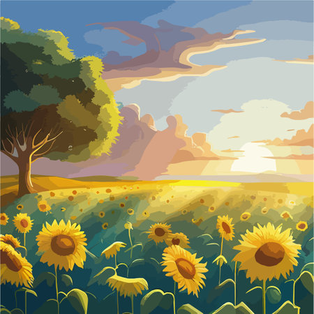 Vector illustration sunflower flower sunset rural landscape with golden sunflower field. Warm sunset light and orange hills in the backgroundのイラスト素材