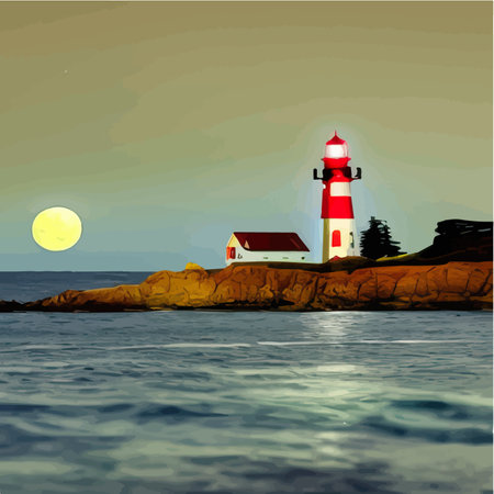 Lighthouse by sea. Tall building on hill and beautiful scenery. Romantic place by the water. Night view of the sky and the moon with waves. Summer season. Maritime navigation. Vector illustrationのイラスト素材
