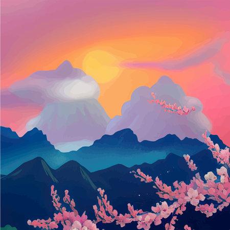 Landscape with cherry blossom branch misty mountains in clouds. Traditional oriental painting, spring landscape of sakura, beautiful vector illustration as a wallpaper in gentle colorsのイラスト素材