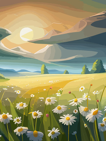 Spring landscape field white daisies blue sky and cloud in Sunny day, Panorama green fields on sunny day summer, Panoramic view grass land and wild flowers in countryside on Spring vector illustrationのイラスト素材