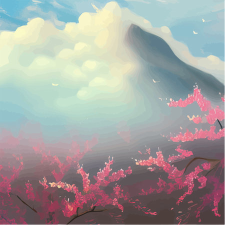 Landscape with cherry blossom branch misty mountains in clouds. Traditional oriental painting, spring landscape of sakura, beautiful vector illustration as a wallpaper in gentle colorsのイラスト素材