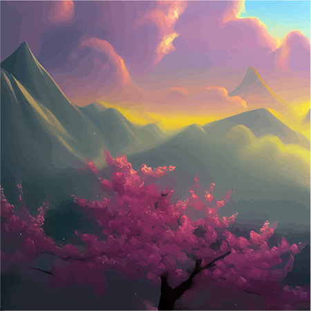 Spring landscape with cherry blossom sakura, green meadow on hill, blue sky and cloud, nature or summer landscape, beautiful mountains with sakura and field vector illustrationのイラスト素材