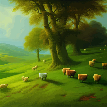 Herd happy smiling sheep grazing in meadow. Summer landscape with green hills, Vector cartoon illustrationのイラスト素材