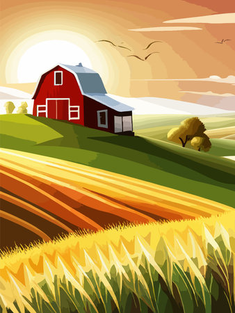 Agriculture, nature and farming. Harvest, field, trees and blank vertical poster vector illustration. Farms for poster, background or cover and print. Summer landscapeのイラスト素材