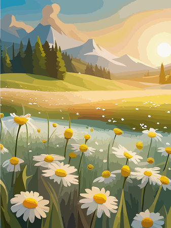 Spring landscape field white daisies blue sky and cloud in Sunny day, Panorama green fields on sunny day summer, Panoramic view grass land and wild flowers in countryside on Spring vector illustrationのイラスト素材