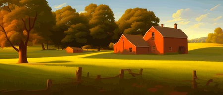 Village summer landscape. Village houses in traditional style. Trees near houses illustration...