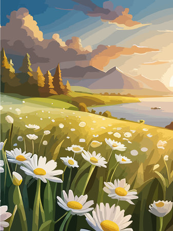 Spring landscape field white daisies blue sky and cloud in Sunny day, Panorama green fields on sunny day summer, Panoramic view grass land and wild flowers in countryside on Spring vector illustrationのイラスト素材