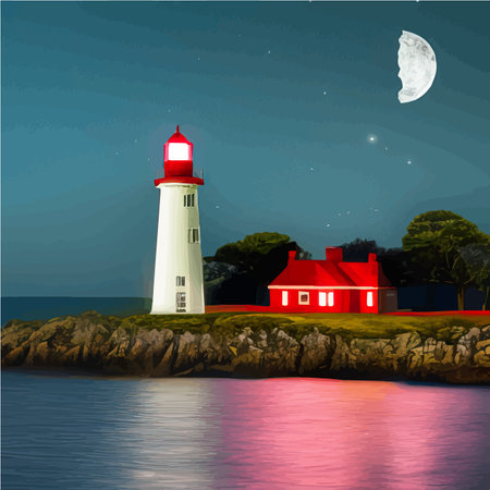 Lighthouse by sea. Tall building on hill and beautiful scenery. Romantic place by the water. Night view of the sky and the moon with waves. Summer season. Maritime navigation. Vector illustrationのイラスト素材