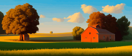 Village summer landscape. Village houses in traditional style. Trees near houses illustration vector. Village street. Old huts. Farm houses.のイラスト素材