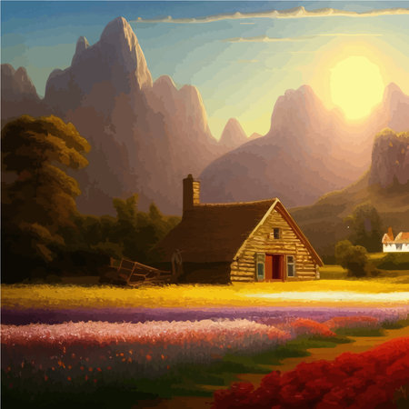 Landscape with house and flowery red fields against backdrop mountains. Vector illustration in the style of Provence.のイラスト素材