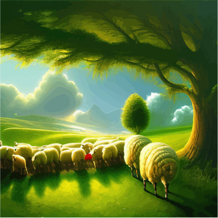 Flock sheep grazes on green meadow against background trees, countryside summer landscape, vector illustrationのイラスト素材