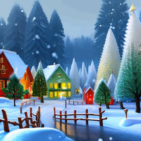 Winter is coming Snowy night with coniferous forest houses in snow light garlands falling snow forest landscape, winter and New Year holidays. Festive winter landscape. Christmas vector illustrationのイラスト素材