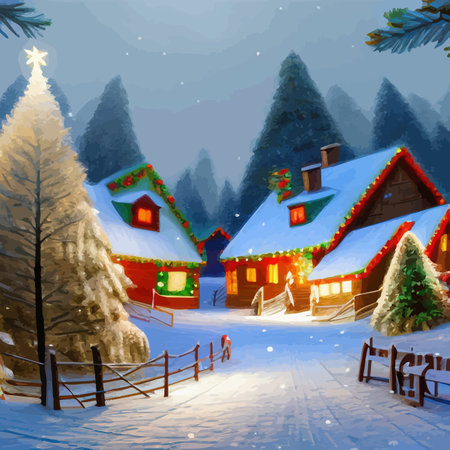 Merry Christmas and Happy New Year. Winter forest, city street with houses in the snow, frame and Christmas tree decoration for postcard, card or invitation Vector illustrationのイラスト素材