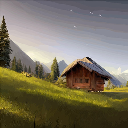 Vector illustration small hut in forest against backdrop mountains, forest hut, wooden house with green meadows, grass and shrubs in the cartoon.のイラスト素材