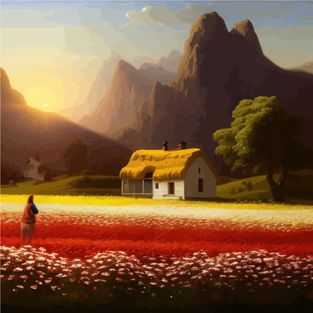Landscape with house and flowery red fields against backdrop mountains. Vector illustration in the style of Provence.のイラスト素材
