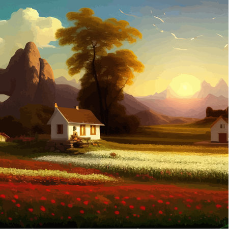 Landscape with house and flowery red fields against backdrop mountains. Vector illustration in the style of Provence.のイラスト素材