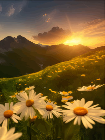 Spring landscape poppy field on background mountains with. Sunset sky, wildlife vector illustration. Beautiful wallpaper summer moodのイラスト素材