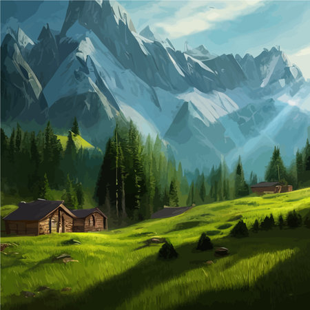 Vector illustration small hut in forest against backdrop mountains, forest hut, wooden house with green meadows, grass and shrubs in the cartoon.のイラスト素材