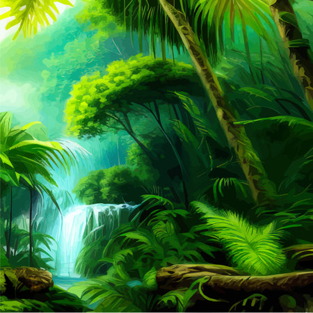 Tropical forest. Landscape with waterfall and river with tree trunks and green grass. Vector cartoon illustration of wild forest, tropical forest with mountain river.のイラスト素材