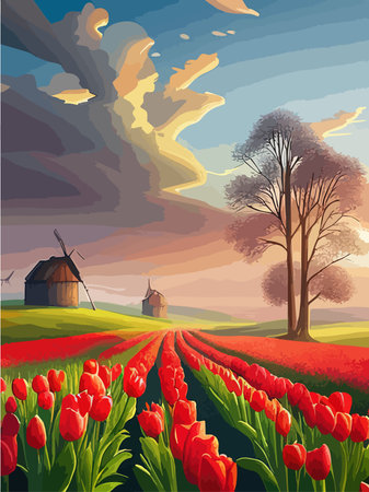 Stunning scenery, beautiful field reds tulips that stretches to horizon. Vector illustration of spring nature landscapeのイラスト素材