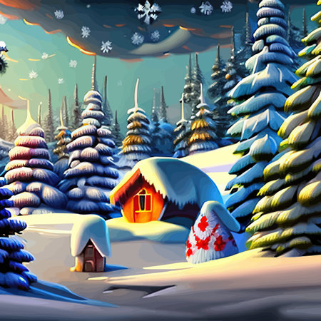 Merry Christmas and Happy New Year. Winter forest, city street with houses in the snow, frame and Christmas tree decoration for postcard, card or invitation Vector illustrationのイラスト素材