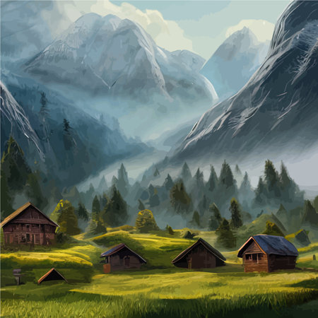 Small wooden houses in forest against backdrop mountains. Beautiful peaceful house in front of trees lost in nature. Vector illustration of wild nature and countrysideのイラスト素材