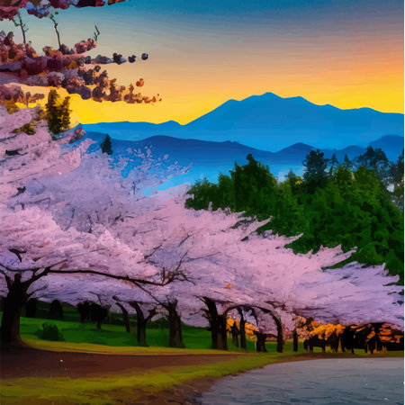 Spring landscape with cherry blossom sakura, green meadow on hill, blue sky and cloud, nature or summer landscape, beautiful mountains with sakura and field vector illustrationのイラスト素材