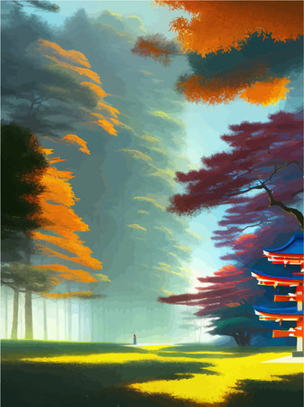 Torii japanese shinto next to japanese colored forest with mountains background, vertical vector illustrationのイラスト素材