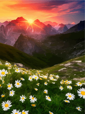 Beautiful blooming white daisies on background mountains and sunset sky with clouds, realistic vector illustration, summer landscape, tourism and travel conceptのイラスト素材