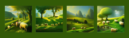 Sheep in meadows and green hills. Summer rural landscape banner vector illustration of nature and animalsのイラスト素材