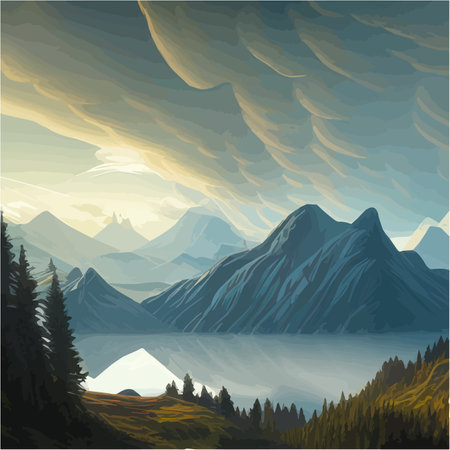 Mountains and lake Landscape. Cartoon rocky mountains, forest and river scene. Wild nature summer panorama. Hiking adventure vector concept. Illustration of forest lake sky with cloudsのイラスト素材