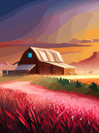 Agriculture, nature and farming. Harvest, field, trees and blank vertical poster vector illustration. Farms for poster, background or cover and print. Summer landscapeのイラスト素材