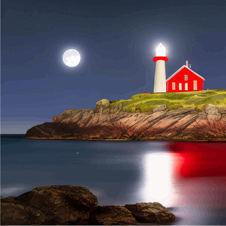 Lighthouse by sea. Tall building on hill and beautiful scenery. Romantic place by the water. Night view of the sky and the moon with waves. Summer season. Maritime navigation. Vector illustrationのイラスト素材
