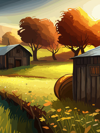 Agriculture, nature and farming. Harvest, field, trees and blank vertical poster vector illustration. Farms for poster, background or cover and print. Summer landscapeのイラスト素材