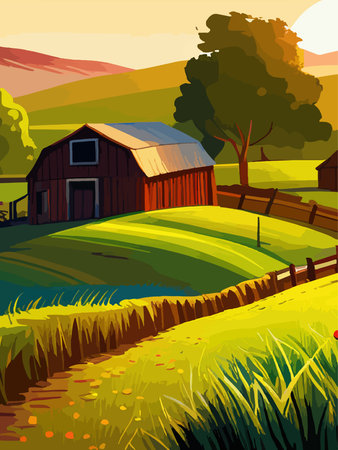 Agriculture, nature and farming. Harvest, field, trees and blank vertical poster vector illustration. Farms for poster, background or cover and print. Summer landscapeのイラスト素材