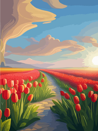 Stunning scenery, beautiful field reds tulips that stretches to horizon. Vector illustration of spring nature landscapeのイラスト素材