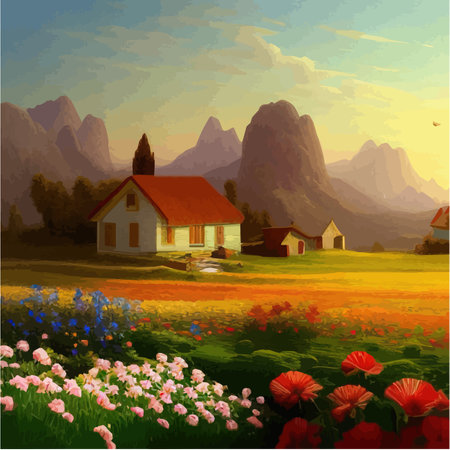 Landscape with house and flowery red fields against backdrop mountains. Vector illustration in the style of Provence.のイラスト素材