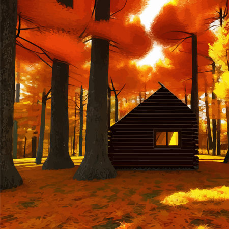 Old wooden hut in autumn forest. In bright orange colors autumn. To protect yourself from hustle and bustle city In a fairy forest where silence and peace Autumn forest landscape. Vector illustrationのイラスト素材