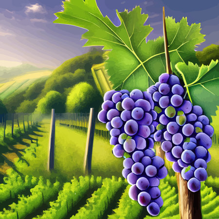 Beautiful rural scene with vineyard on hills with trees and bushes against background of the mountains. Summer landscape vector illustrationのイラスト素材