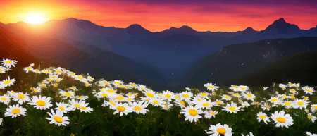 Summer landscape field daisies against backdrop mountains. Wild nature with sky with clouds sunset sun. Wild grass, wildflowers vector illustration. Beautiful poster and wallpaperのイラスト素材