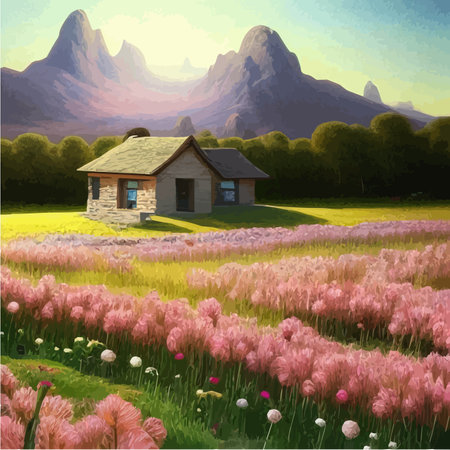 Landscape with house and flowery red fields against backdrop mountains. Vector illustration in the style of Provence.のイラスト素材