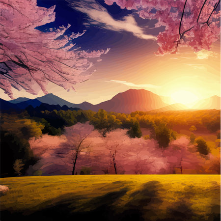 Tree pink sakura flowers, flowering branches against backdrop mountain sky at dawn spring landscape. Horizontal design for card and packaging, cover vector illustration.のイラスト素材