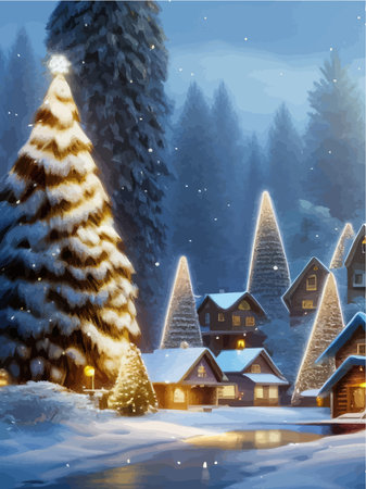 Merry Christmas and Happy New Year. Winter forest, city street with houses in the snow, frame and Christmas tree decoration for postcard, card or invitation Vector illustrationのイラスト素材
