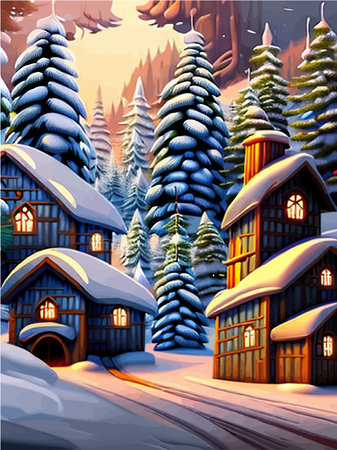 Amazing fairy tale Christmas house decorated with Christmas lights in a magical pine forest. Unusual vector illustration postcard. Concept of christmas holidays and new yearのイラスト素材