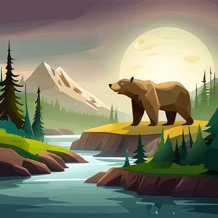 Vector illustration brown bear standing by a river in forest with mountains in the background. Wild natureのイラスト素材
