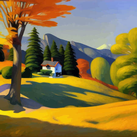 Autumn Landscape with small House, Tree, bush and footpath yellow trees against mountains with sky. Flat vector illustration Design Styleのイラスト素材