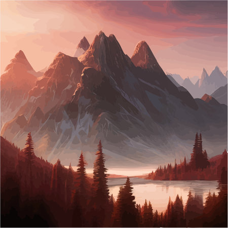 Mountains and lake Landscape. Cartoon rocky mountains, forest and river scene. Wild nature summer panorama. Hiking adventure vector concept. Illustration of forest lake sky with cloudsのイラスト素材