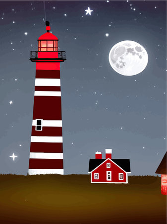 Vector illustration lighthouse in night sea. Lighthouse by sea with mountains, moon and starry night sky. Night landscape on the coast.のイラスト素材